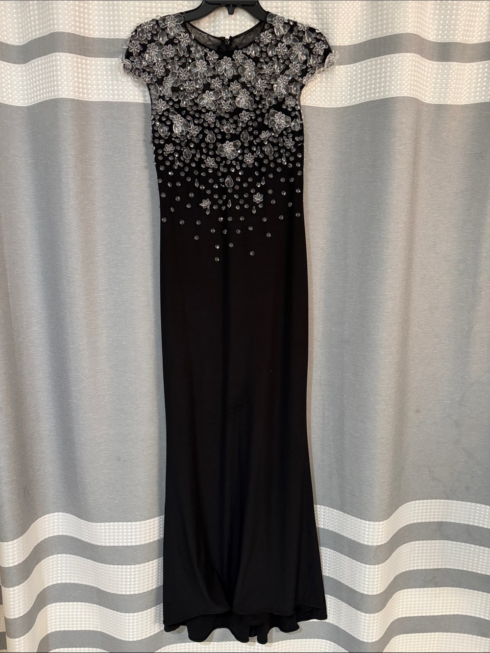Black Crystal Embellished Jersey Fitted Cap Sleeve Gown